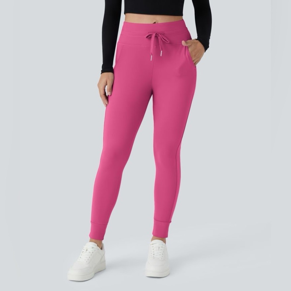 Halara joggers in pink large drawstring tapered leg stretchy